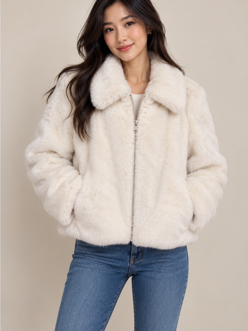 Christian Soriano Faux Fur Zip Front Jacket in Cream